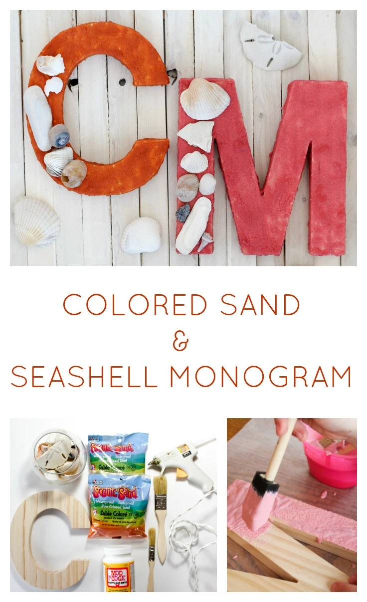 Turn your seashells into a piece of costal decor with this unique Colored Sand and Seashell Monogram project!  This is a great project for a beach wedding, a beach house, or for anyone looking to display their beach vacation memories.  Kids also have fun with this seashell project!